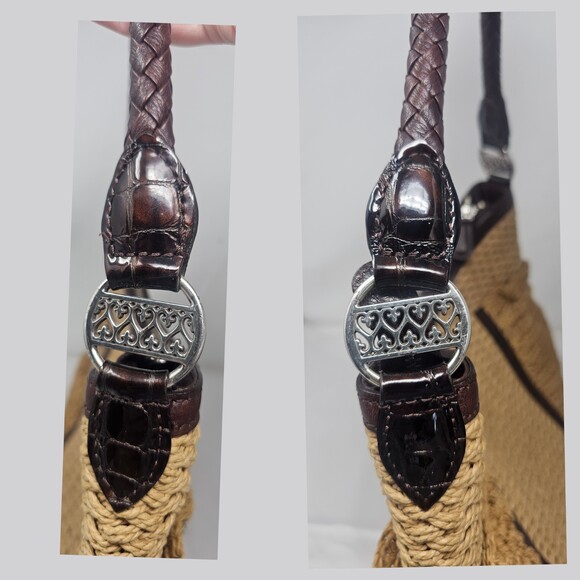 Brighton Women's Woven Jute/Leather Hobo Bag Braided Leather Handle Zip Closure - Picture 7 of 15